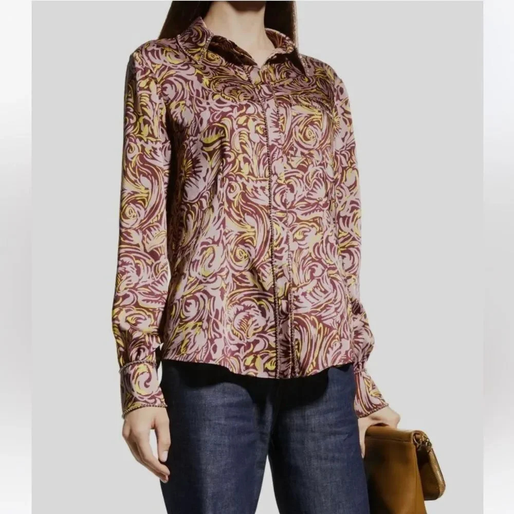Cinq A Sept Purple Blanche Rhinestone Printed Button Front Top